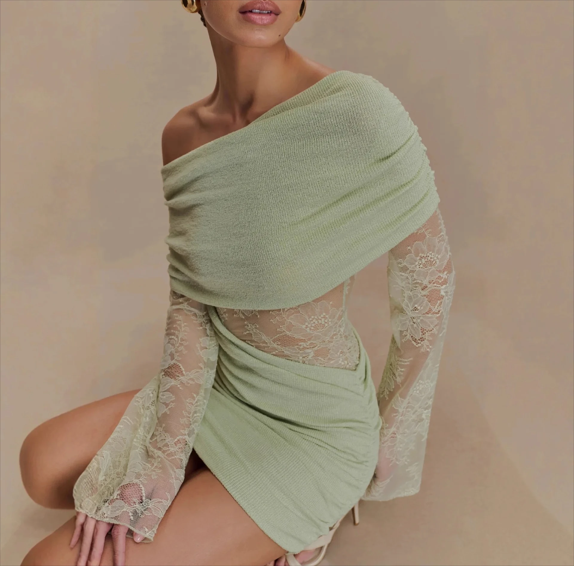 

Sexy Hollow Out Ruched Knit Mini Dress for Women Off-Shoulder long Sleeve Lace Patchwork Short Dresses