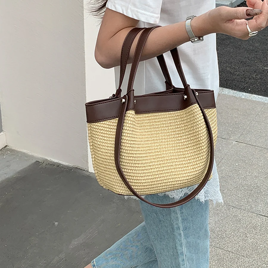 

Women's Large Capacity Woven Handbags Fashion Raffia Leather Shoulder Bag Double-sided Design Tote Bag Commute Chic Women's Bag