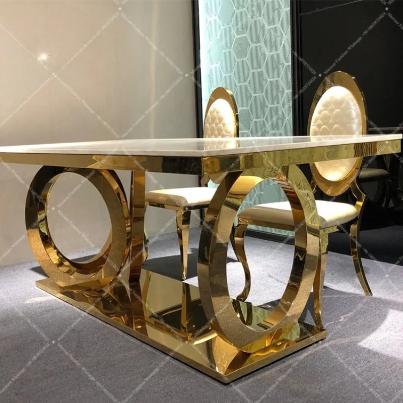 Last stainless steel furniture gold and marble dining table set for dinner room