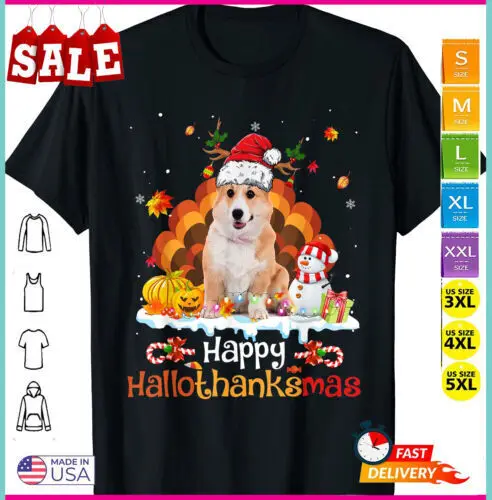 Happy HalloThanksMas Halloween Thanksgiving Christmas Corgi T-Shirt