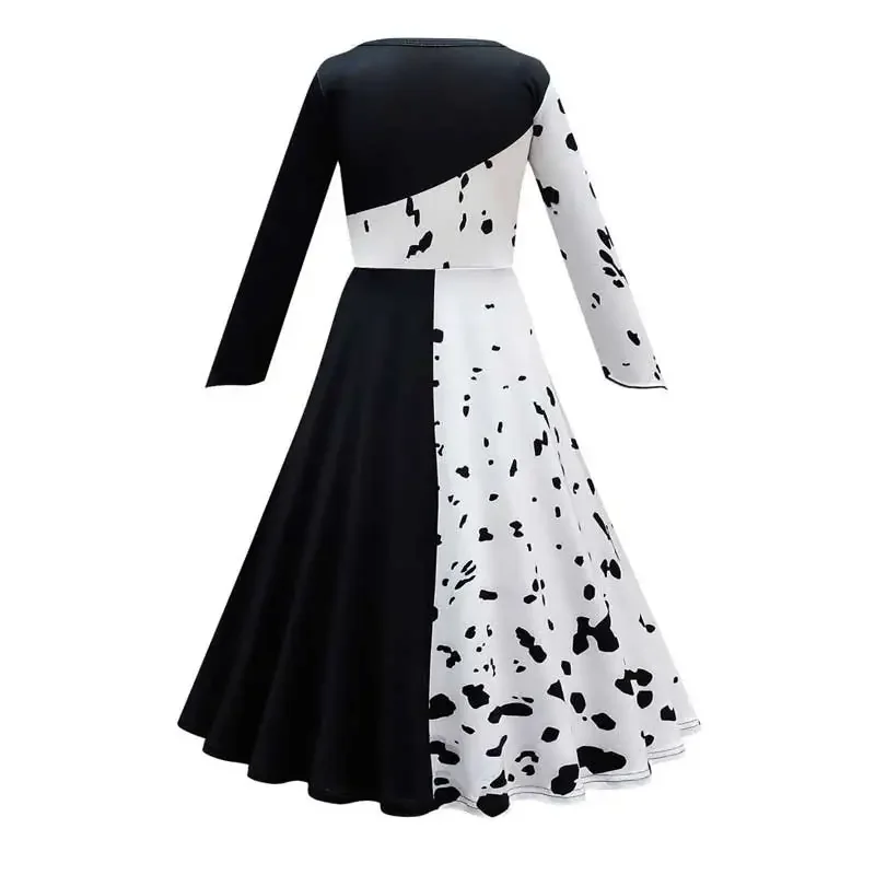 Vestido de Cruella para niñas, ropa para niños, vestido blanco y negro, peluca, collar, Cruella de telescópico, cosplay, polka maid, disfraces de Halloween