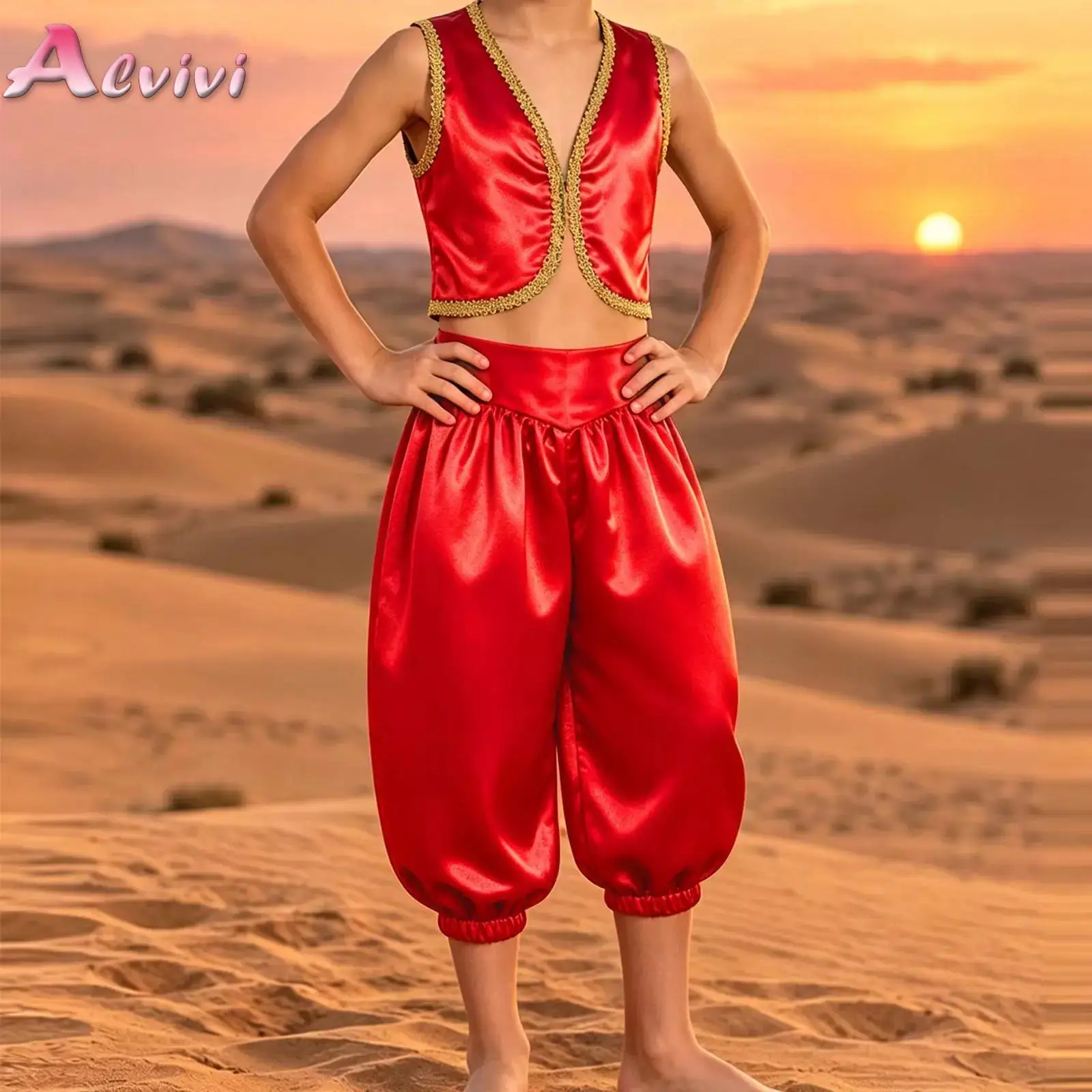 Kids Boys Arabian Prince Outfit Golden Braided Trimmings Vest with Capri Pants for Carnival Theme Party Belly Stage Performance