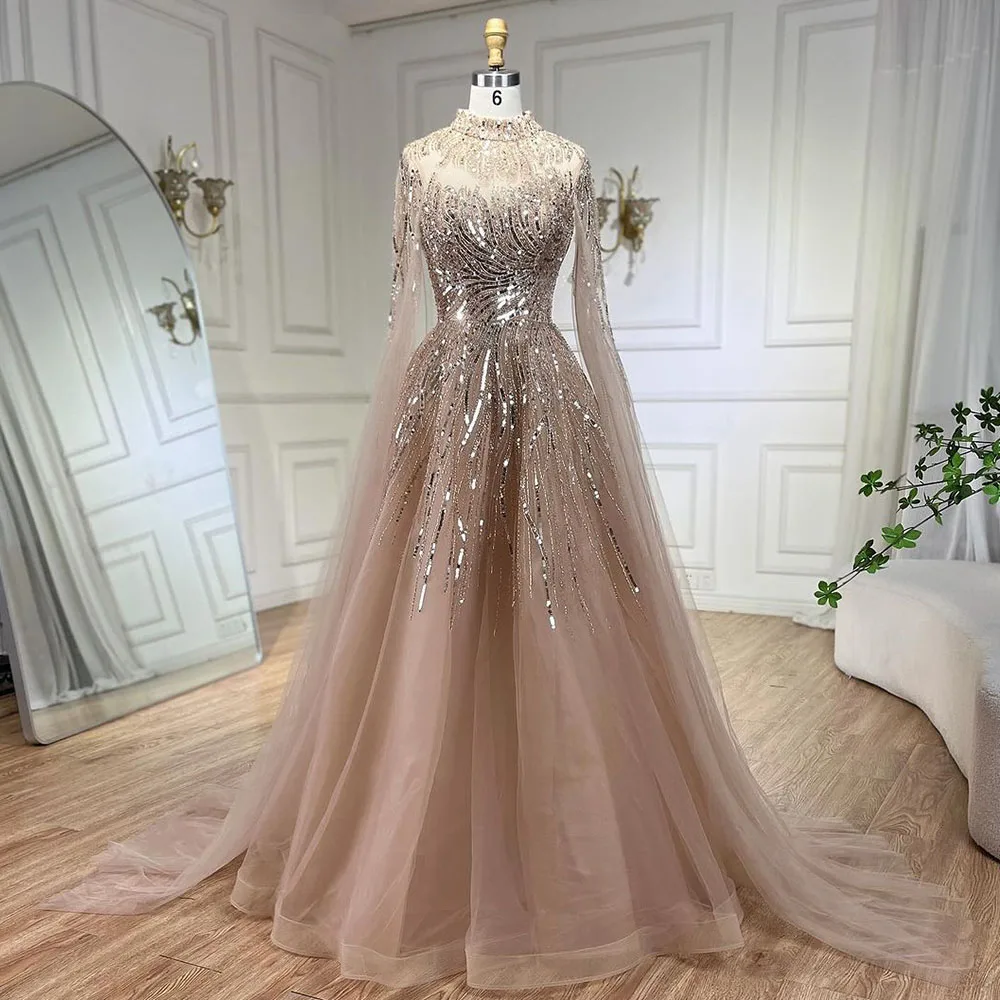 Serene Hill Caramel Luxury Evening Dresses  Cape Sleeves A-Line Beaded Lace Gown 's Wedding Party Customized 2025 GLA72386