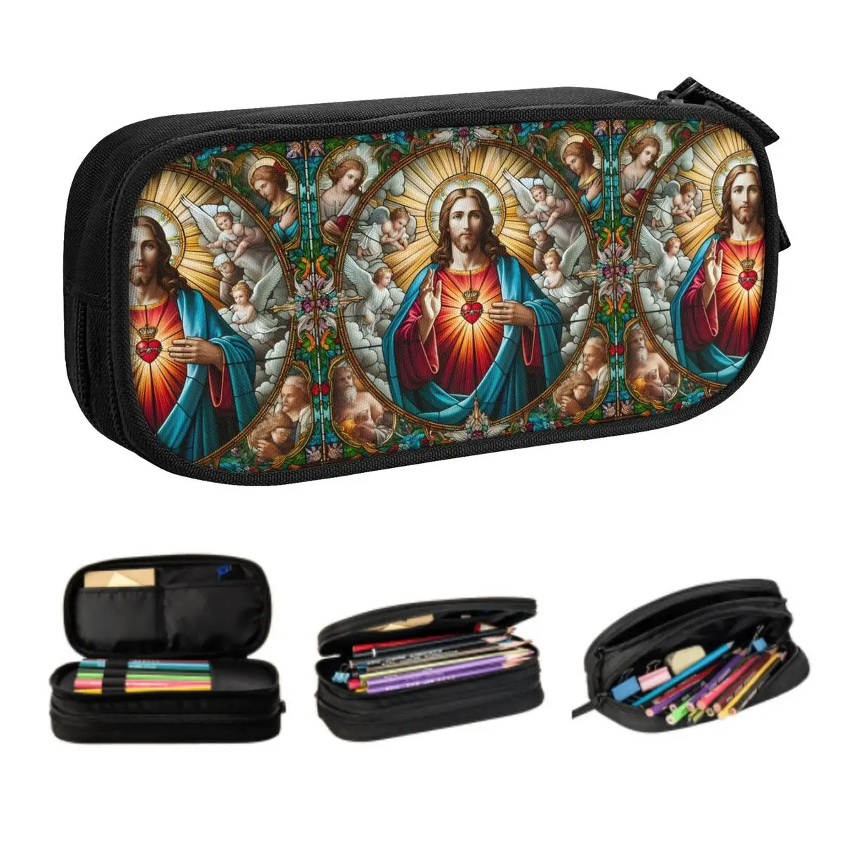 

Custom Sacred Heart Of Jesus Cute Pencil Cases Girls Boys Large Capacity Christian Catholic God Pencil Pouch Student School