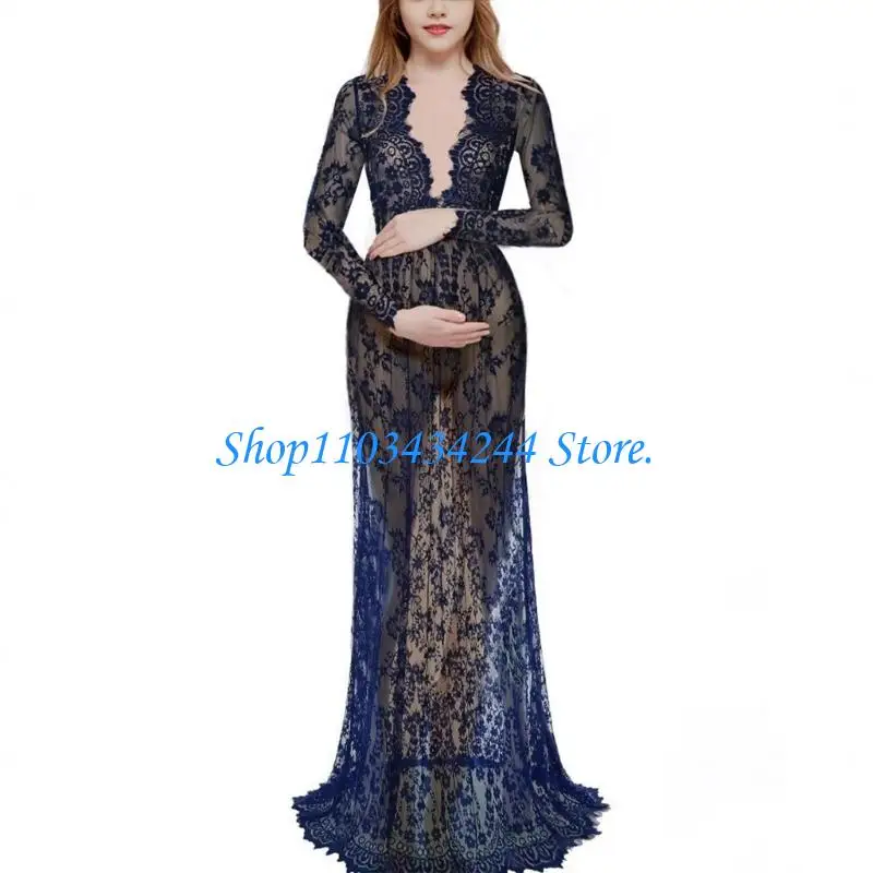  Breathable Maternity Long Sleeve V Neck Lace Sheer Fitted Dress Including Romance Train for Pregnancy Photos Parties view 3