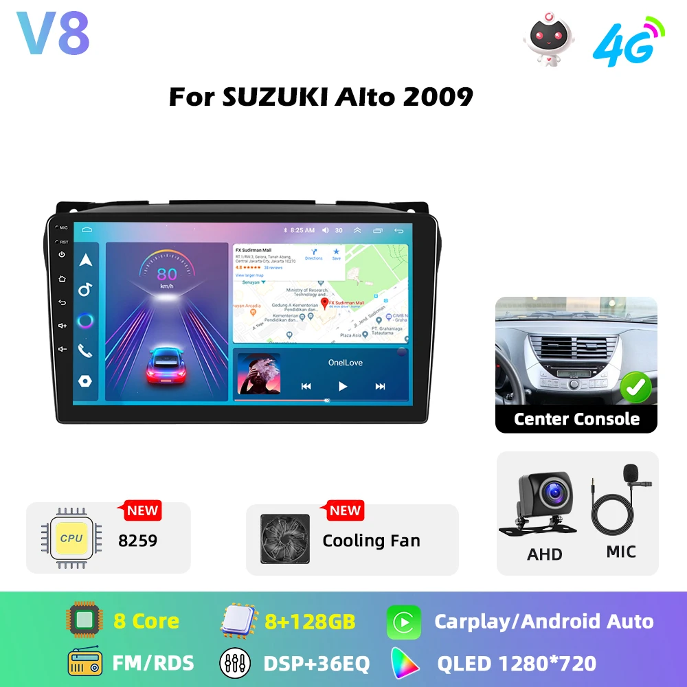 Podofo 8-core Qualcomm Snapdragon 460 Android autoradio voor SUZUKI Alto 2009 met Carplay, Android Auto, GPS, FM, WiFi, RDS, 2-din autoradio