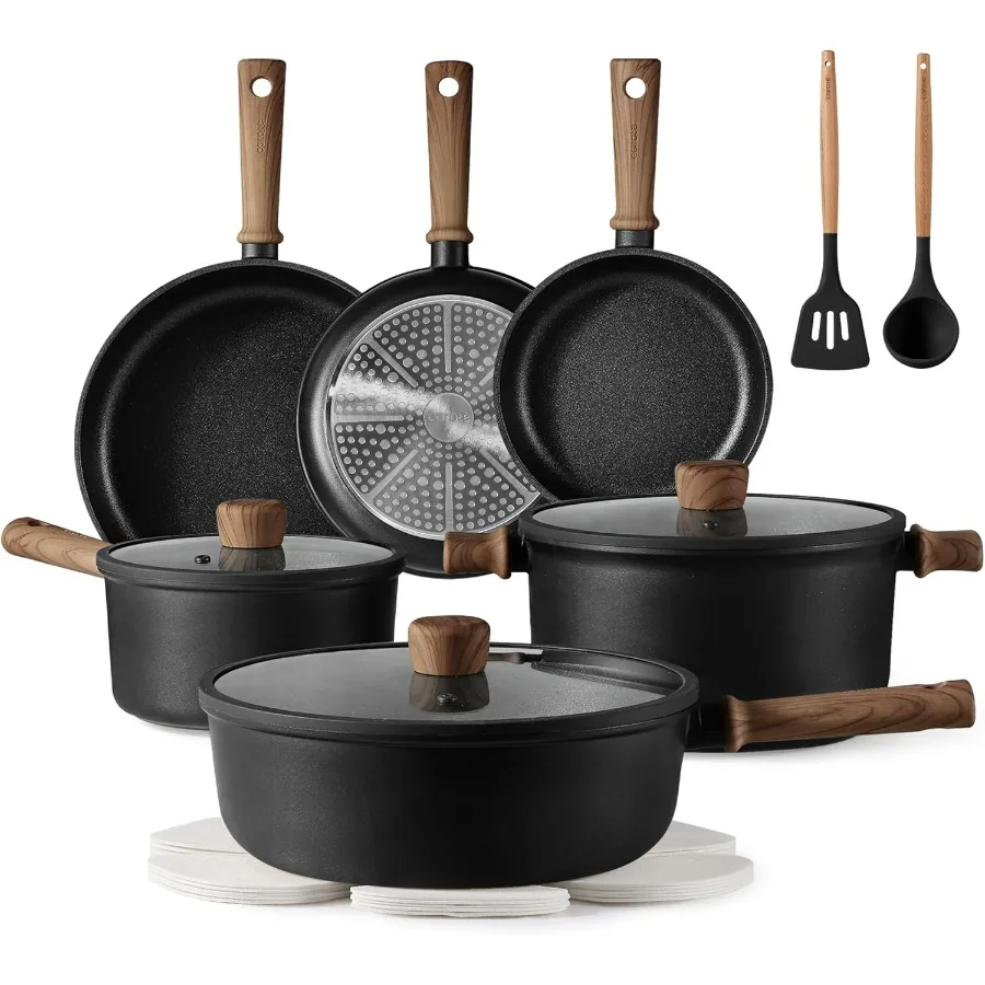 Nonstick Pots and Pans, Induction Cookware Set Kitchen Cooking Sets, Non Stick w/Frying Pan (PFOS, PFOA Free), Black, 16pcs