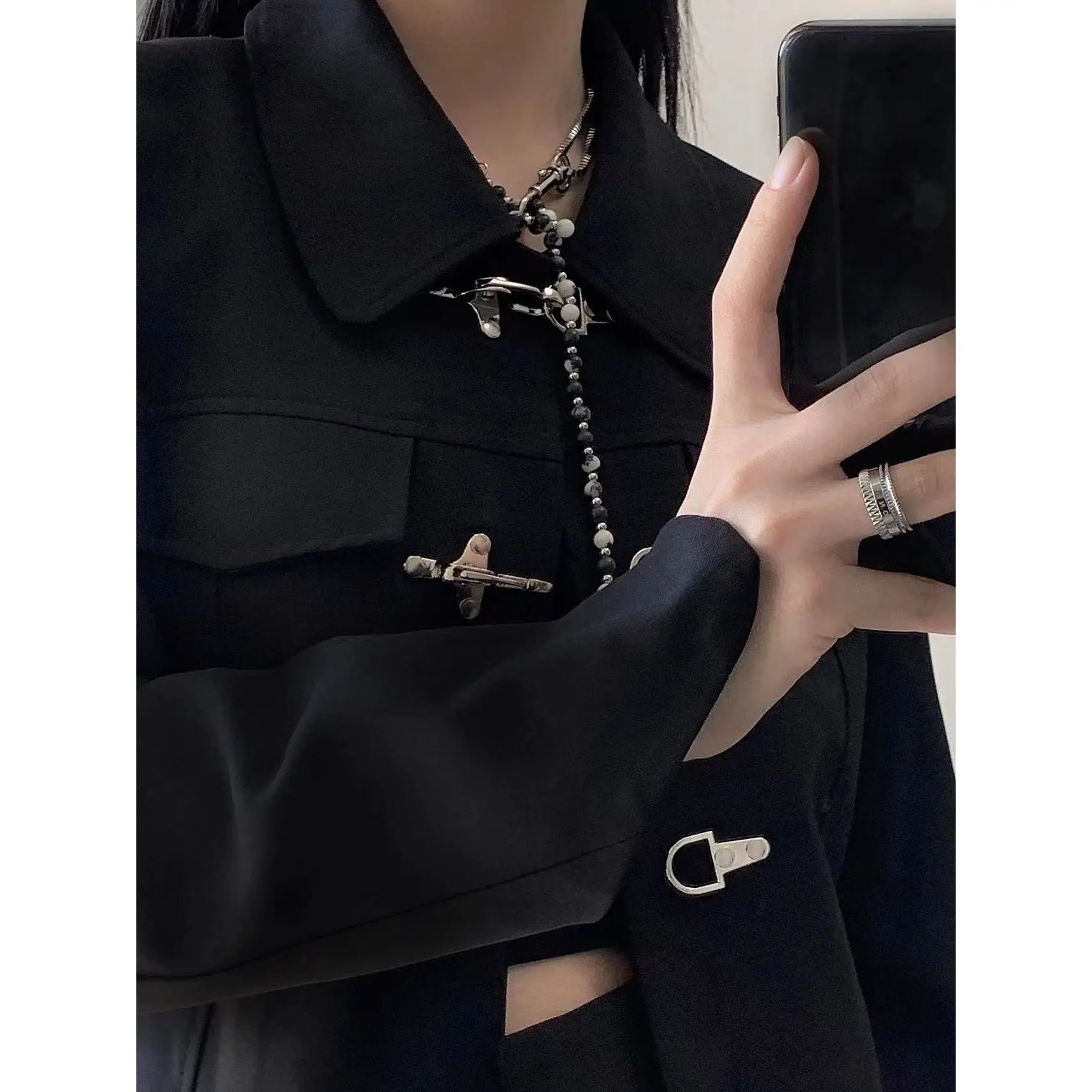 Women Coat 2022 Spring New Chinese Style Fashion Metal Button Office Lady Solid Full Chains Turn-down Collar Outerwear Coats