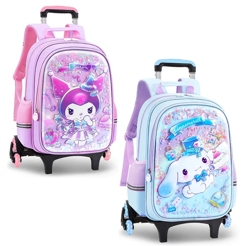 Miniso KT Kuromi Cinnamoroll Girls Trolley Schoolbag Pupil Cartoon Wheeled Backpack Elementary Student 6 Wheels School Bags Gift