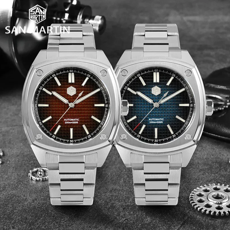 San Martin SN0026GB 39.5mm Men Watch 3D Waffle Dial Original Design Stainless Steel Automatic Mechanical Wristwatch PT5000 SW200