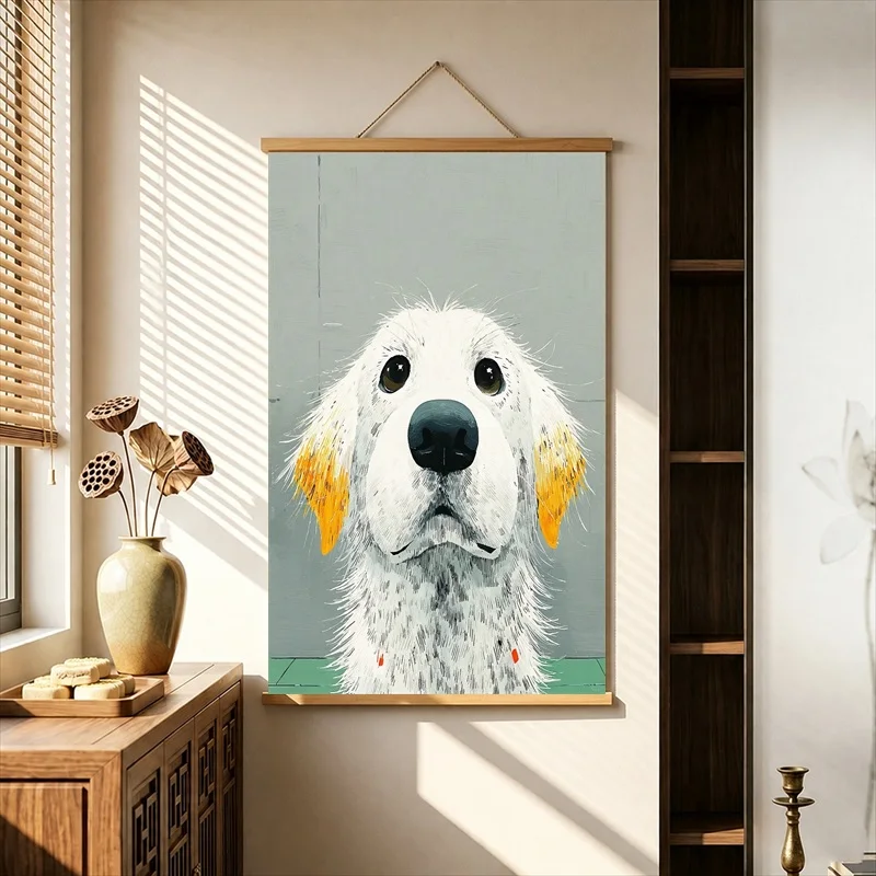Kawaii Room Decor Charming Dogs with Playful Expressions, Cute Minimal Pearlescent Canvas Hanging Scroll for Pet Friendly Cafe