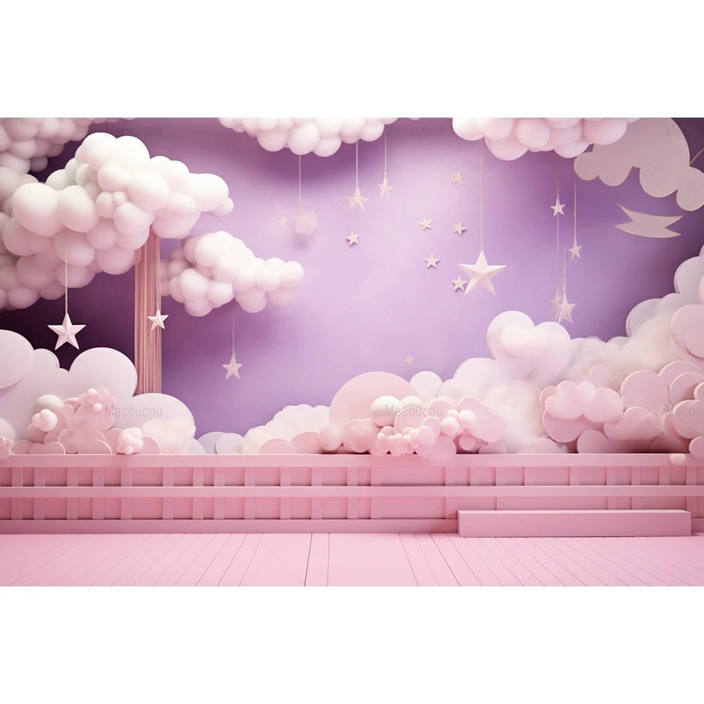 Baby 1st Birthday Backdrop Girl Pink Dreamy Clouds Sparkling Stars Photography Background Decoration Photo Props