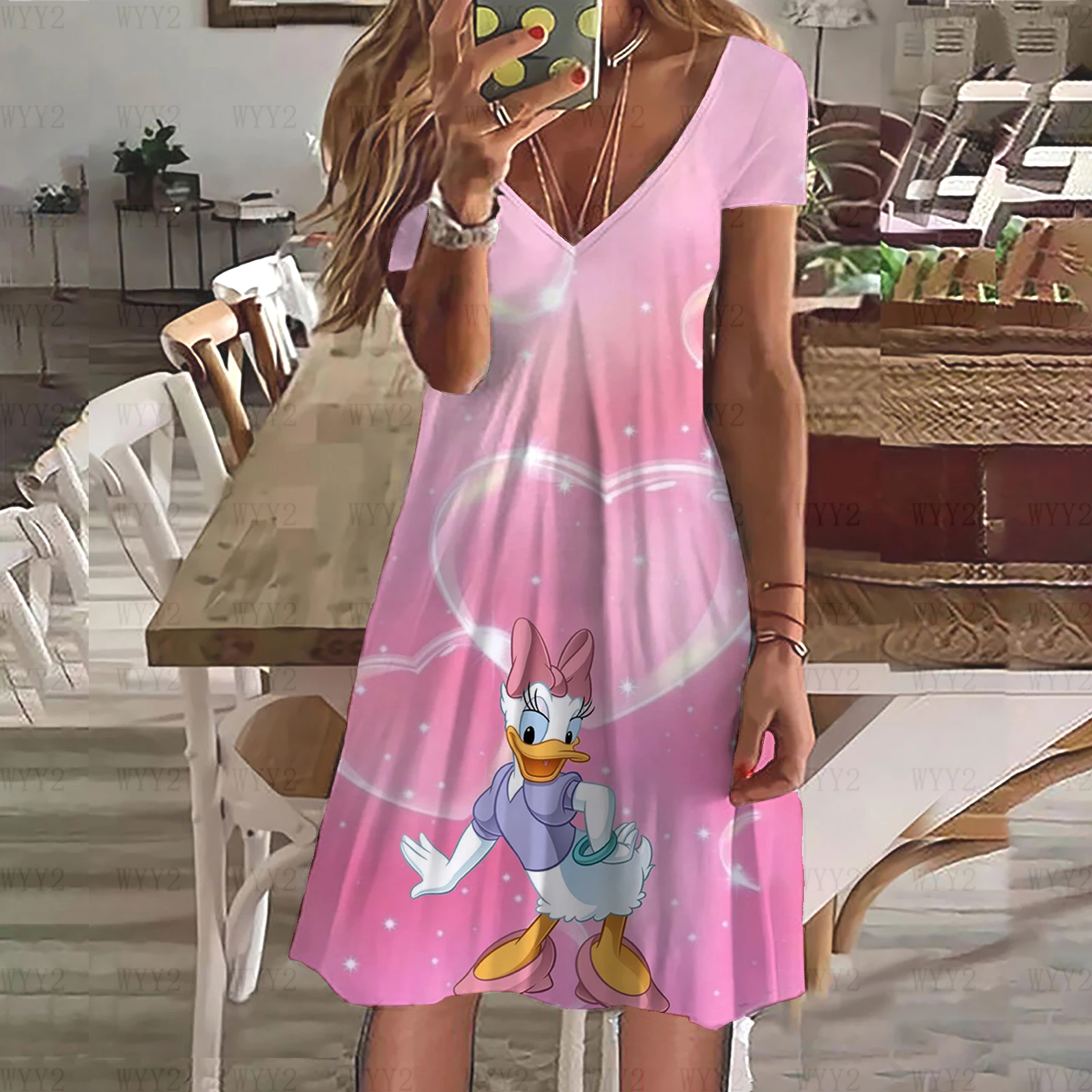 Vestido informal de dibujos animados para mujer, ropa con estampado de Disney, Pato Donald, cuello en V, manga corta, novedad de verano, 2024