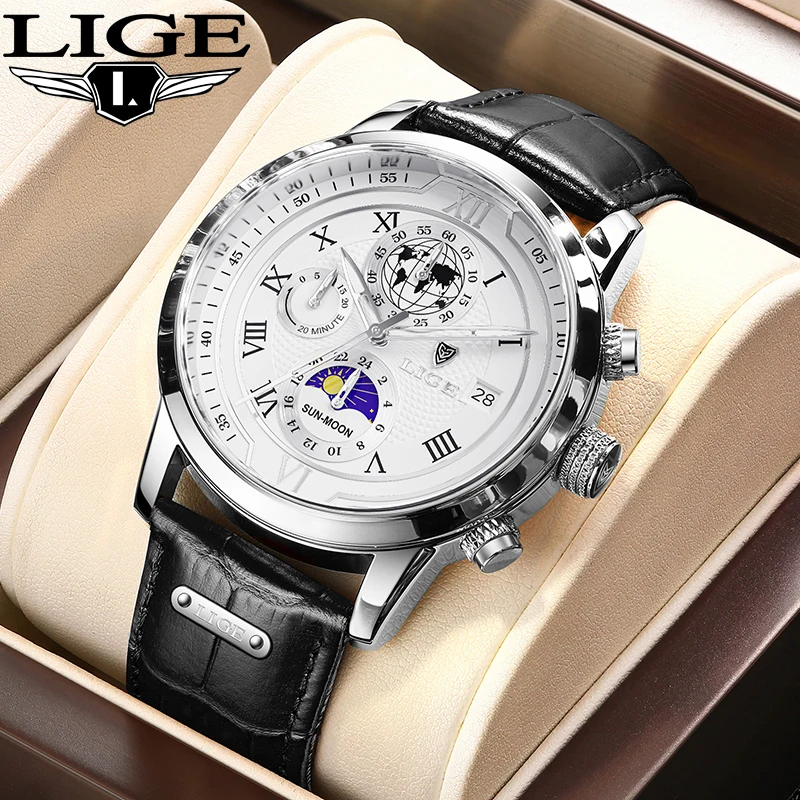 

Man Watch LIGE Fashion Luxury Business Quartz Men's Watches Casual Sport Leather Strap Moon Phase Waterproof Clocks Reloj Hombre