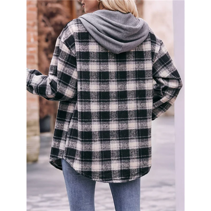 

NEW-Women's Flannel Plaid Hoodie Long Sleeve Jacket Button Drawstring Casual Fall Shirts With Pocket