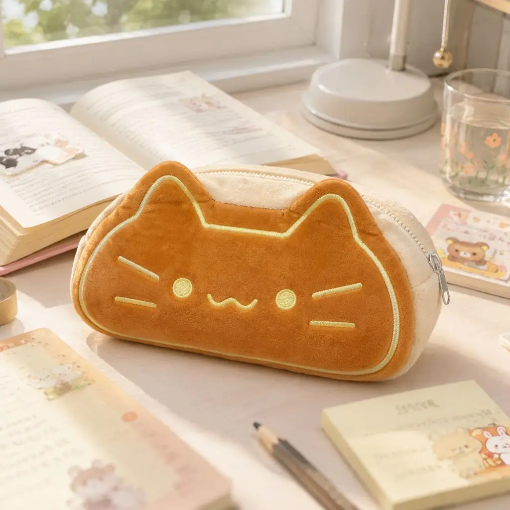 Estojo de Pelúcia Gato Kawaii Portátil para Material Escolar, Estojo Estético Ideal para Presentes de Amantes de Capivara