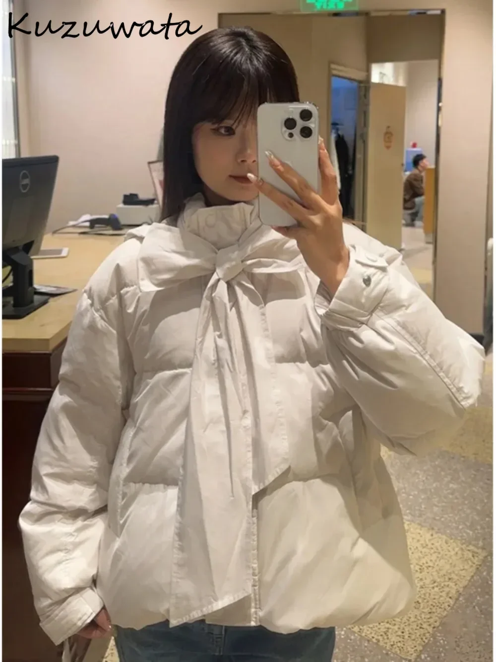 Kuzuwata New Winter Hooded Print Bow Lace Up Parkas Short Small Fellow Sweet Literary Down Coats Japan Unique Loose Moda Jacket