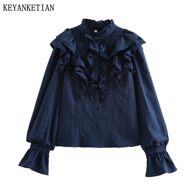 KEYANKETIAN 2025 New Women's Tiered Agaric Decoration Shirt Spring Spring Lantern Sleeve Single Breasted Cropped Blouse Top