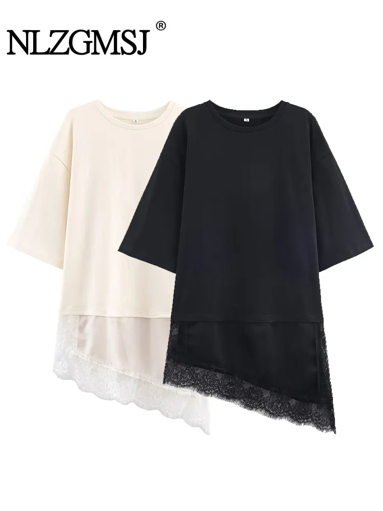 

NLZGMSJ Women Lace Splicing T-shirts Short Sleeve O Neck Loose Top Fashion 2026 Spring Summer Casual Female Shirts Simple Top
