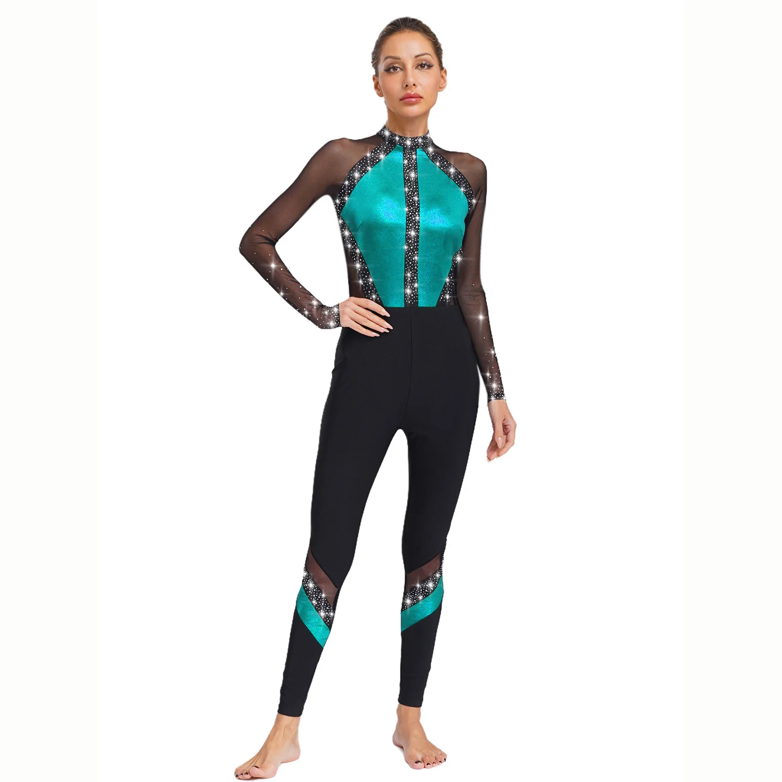 

Women Artistic Gymnastics Dance Jumpsuit Figure Skating Full Body Leotard Rhinestones Mesh Long Sleeve Jersey Dancewear Bodysuit