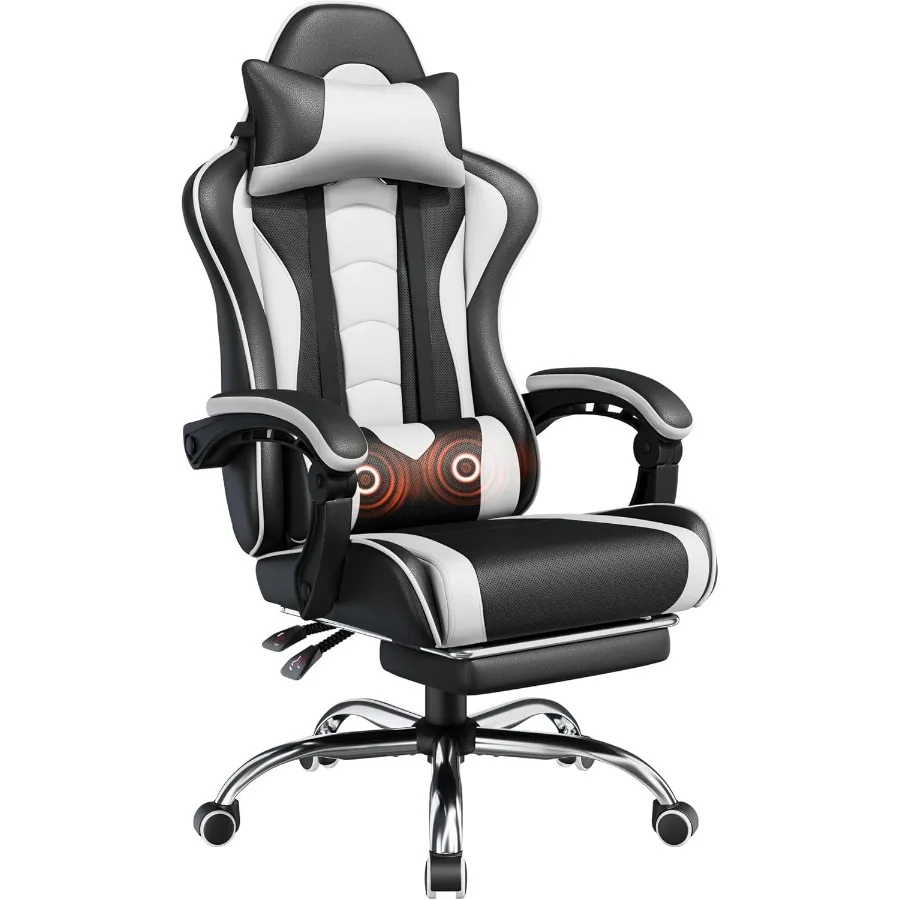 Gaming Chair with Footrest Massage Lumbar Pillow Black and White