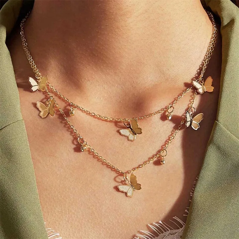 Mode Schmetterling Halskette Für Frauen Trendy Doppel Schicht Design Stil Damen Halskette Anhänger Heißer Verkauf Schmuck Geschenke Mädchen