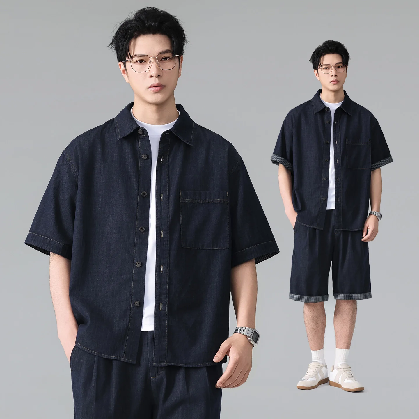 

Men Summer Streetwear Fashion Loose Casual Lightweight Denim Short Sleeve Shirt Shorts Men Plus Size Shirts Short Pant Tracksuit