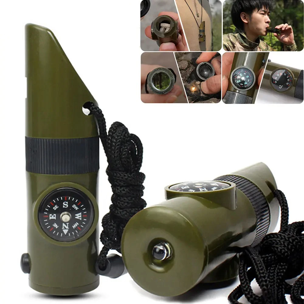 7 in 1 Jungle Survival Whistle Hiking Whistle Compass Mirror Flashlight Magnifier LED Light Thermometer Storage Compass Tool