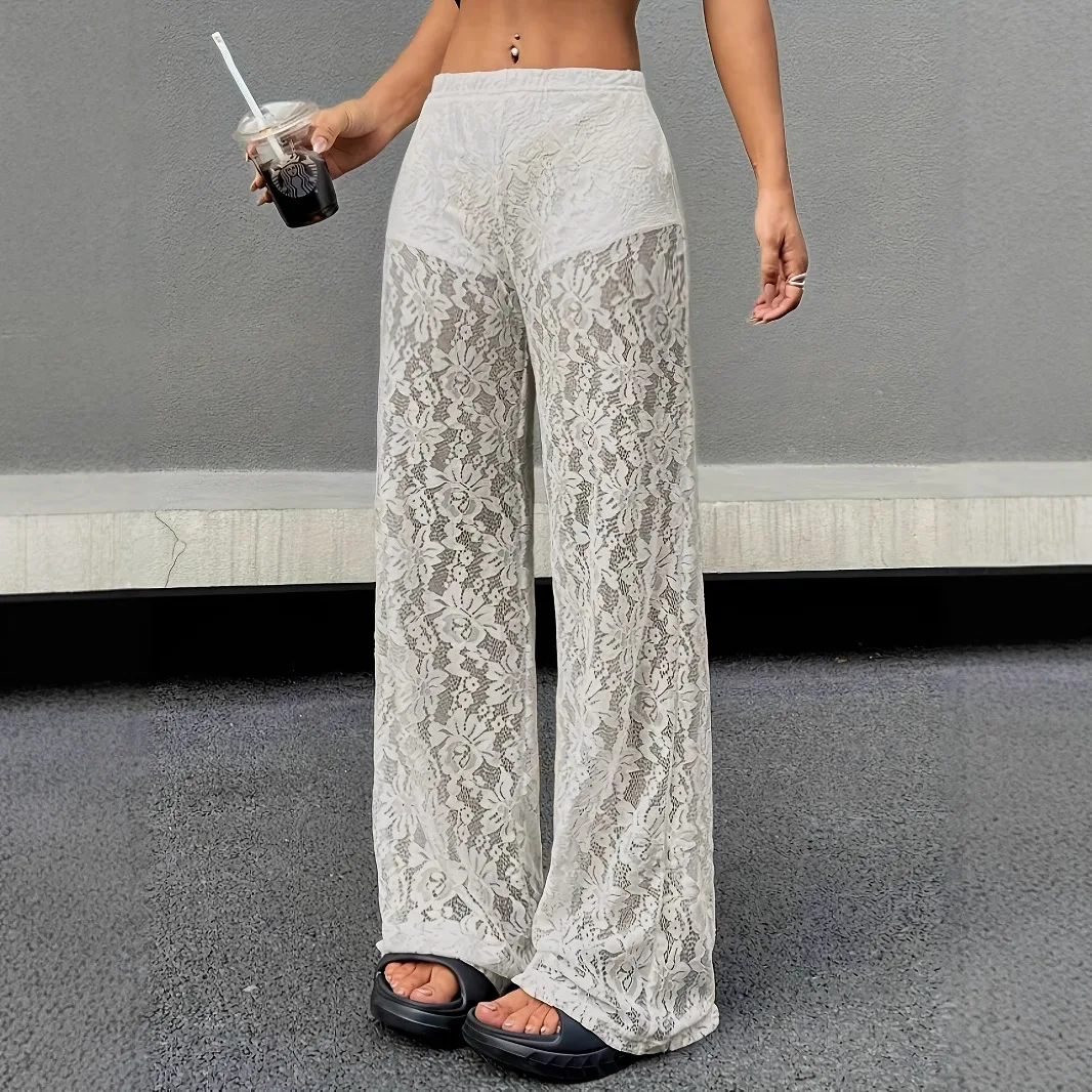 2025 New Fashionable and Sexy Versatile Waist Collection Lace Jacquard Micro Transparent Straight Leg Casual Pants Long Pants