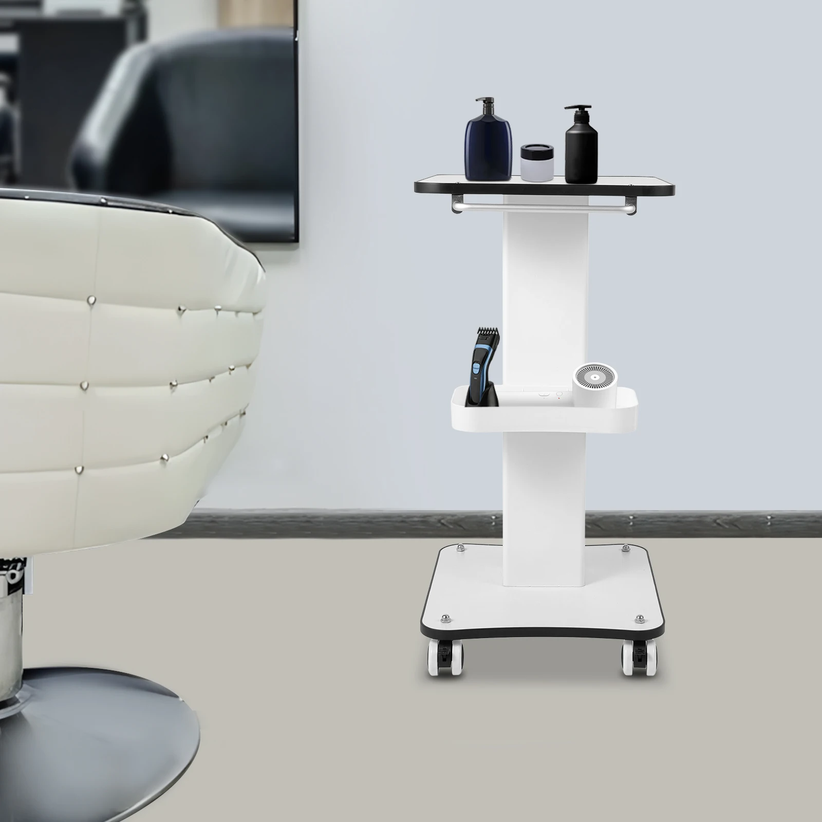 Beauty Salon Trolley Cart White Rolling Cart 4 Wheels Salon Spa Stand Roller Trolley with Handle for Medical/Beauty Equipment