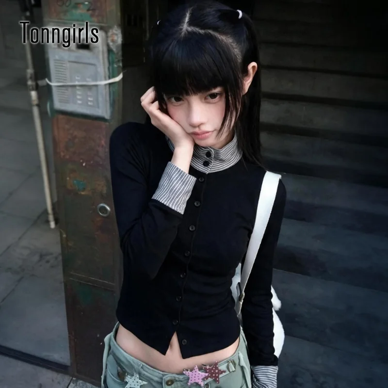Tonngirls Y2k Japanese Turtleneck T-shirt Women Long Sleeve Slim Patchwork Fake Two Pieces Tops Streetwear American Retro Tshirt