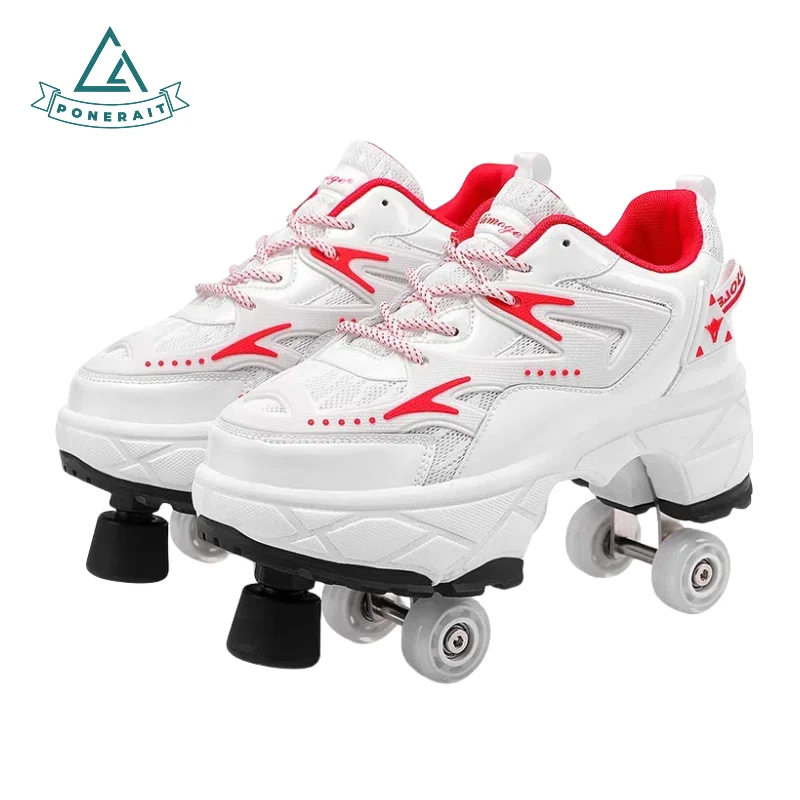 

PONERAIT Shoes with Wheels 4-Wheel Casual Style Leather Skates for Adults Teens Lace-Up Design & Safety Brake System
