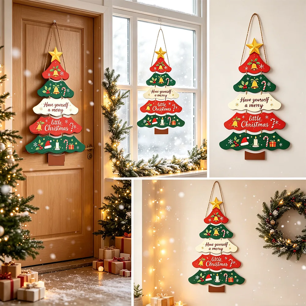 Cute Christmas Tree Paper Hanging Ornament Festive Door Wall Sign for Porch Window Xmas Holiday Home Decoration Party