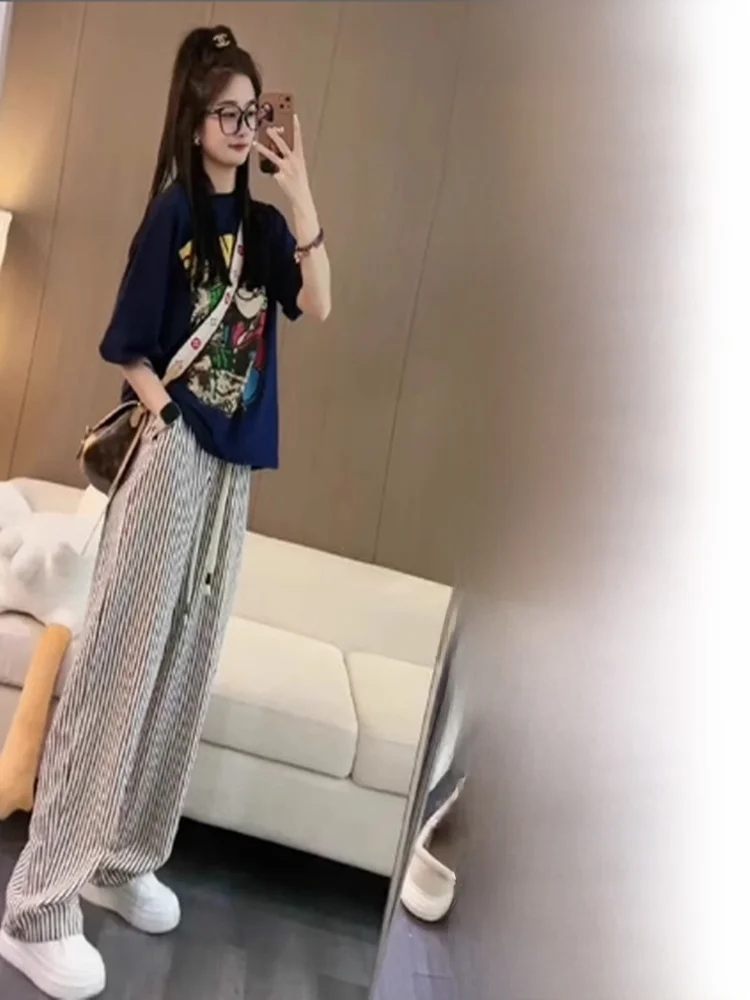 

Slimming Fashionable Striped Wide Leg Pants And T-Shirt Set for Young Women Short Sleeve Summer Outfit Two Piece Ensemble