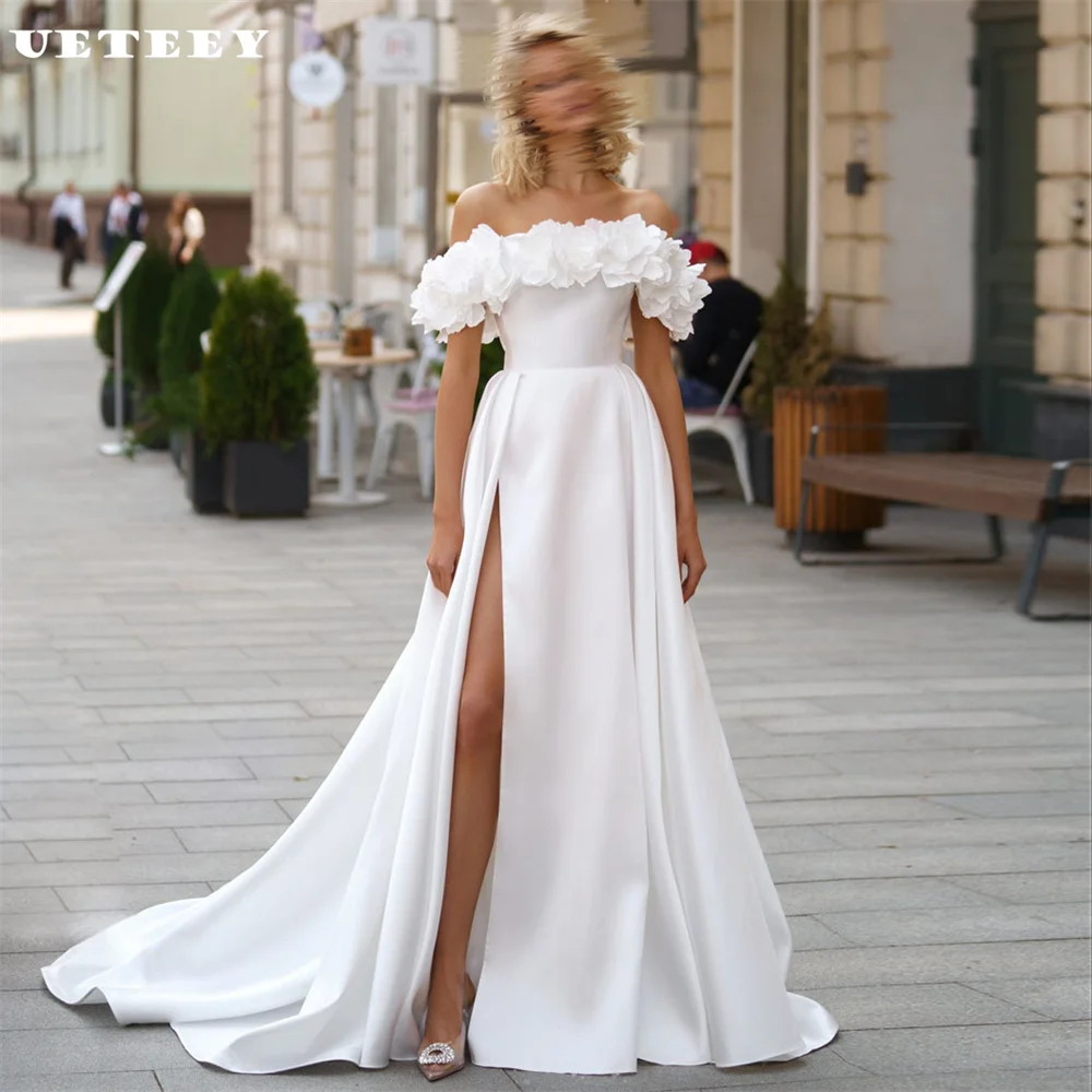 

UETEEY Customized Simple Flowers Off Shoulder Crepe Wedding Dress Women A Line Zipper Back High Slit Court Train Bridal Gown