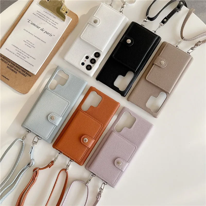 Luxury Litchi Leather Shoulder Strap Crossbody Wallet Card Holder Case for Samsung S24 Ultra S23 FE A54 14 24 34 13 33 53 52 72