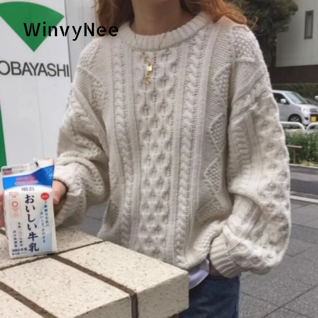 WinvyNee Women's Wool Beige Long Sleeve Solid Loose Style O Neck Twist Thick Pullovers Soft Knitted Tops Winter Plus A1113012