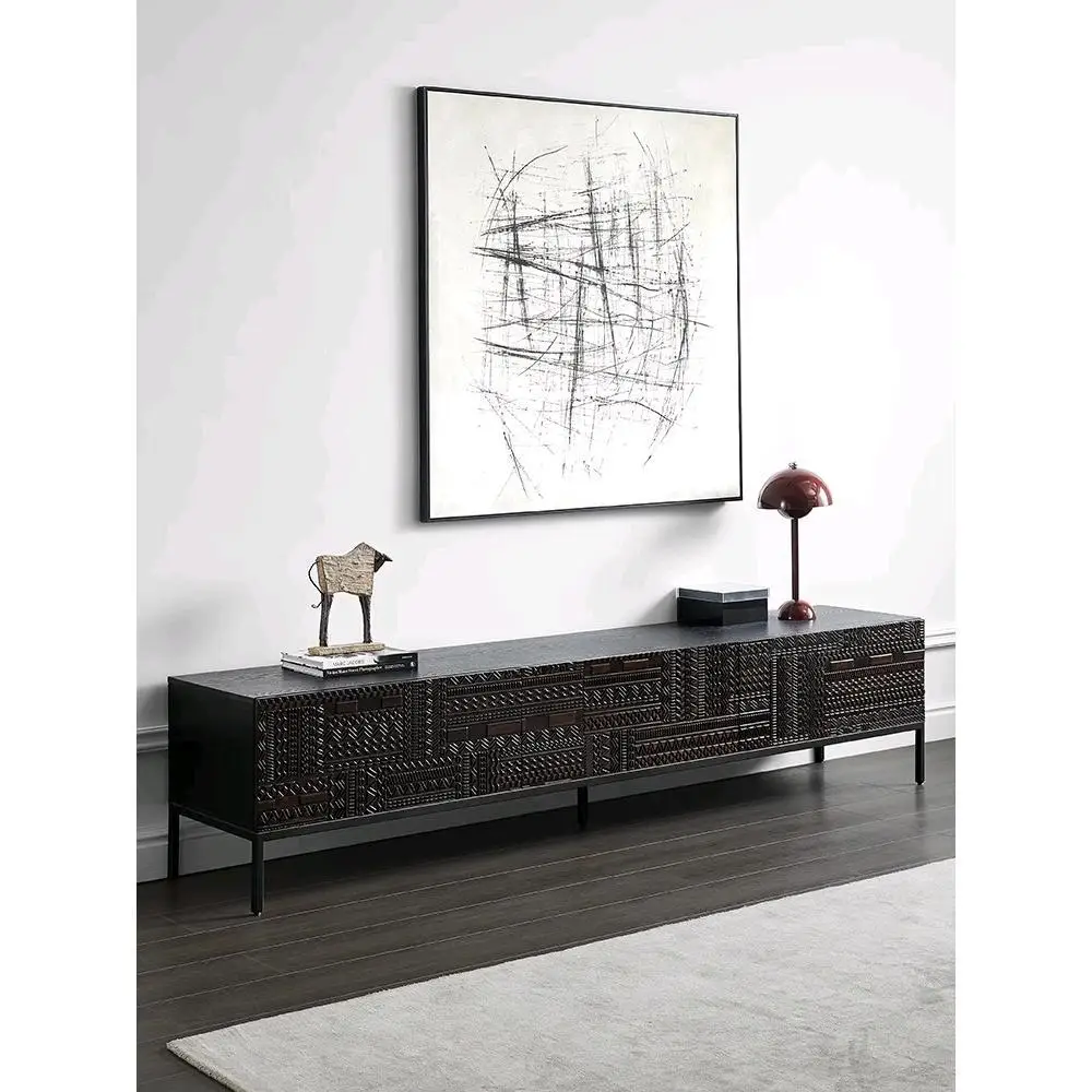 

Nordic retro wabi-sandy wind solid wood tower tile carved TV cabinet medieval industrial wind teak TV cabinet