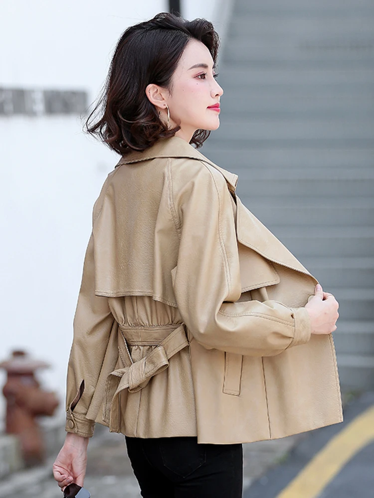 Haining Genuine Leather Jaet Women's Faionable Spring Autumn ort eepskin Coat Belted Slim Fit Single Button Closure