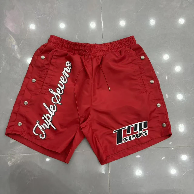 

Red Triple Sevens Side Slit Button Placket Shorts Pockets 7S Logo Jorts Men Women Casual Drawstring Waterproof Loose Shortpants