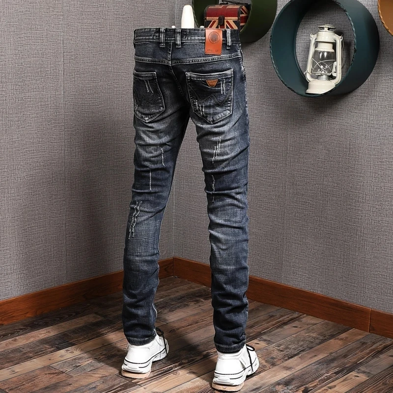 Newly Designer Fashion Men Jeans Retro Black Blue Stretch Slim Fit Ripped Jeans Men High Quality Vintage Denim Pants Hombre