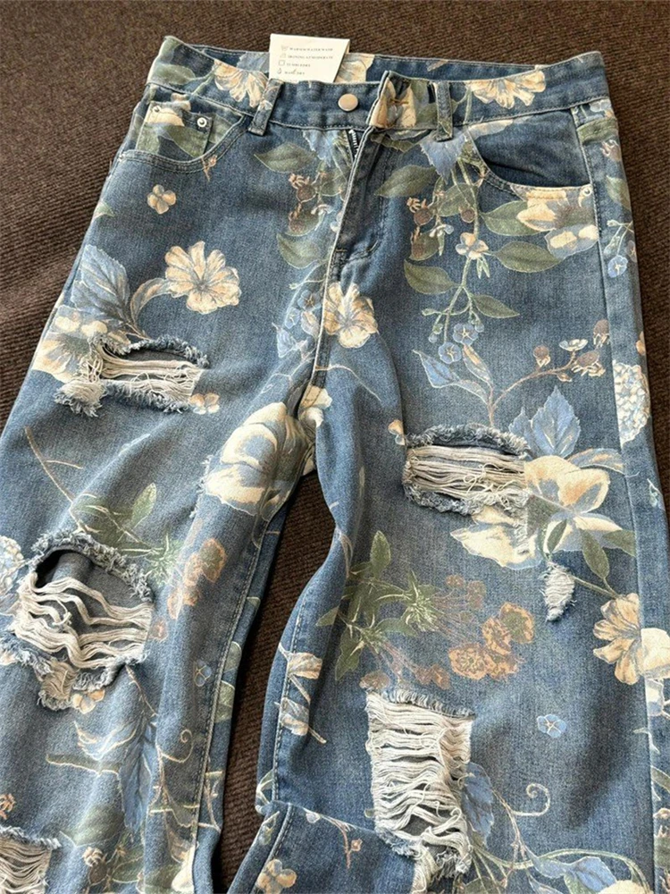 Women's Flower Print Design Distressed Jeans Young Girl Summer Thin Straight Bottoms Vintage Trousers Female Wide Leg Pants