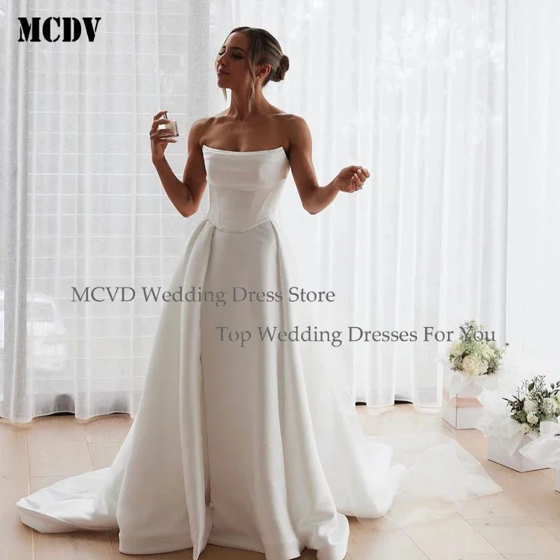 

High Quality Pleat Satin A Line Princess Wedding Dresses Side Slit Split 2024 MCDV Wedding Gown