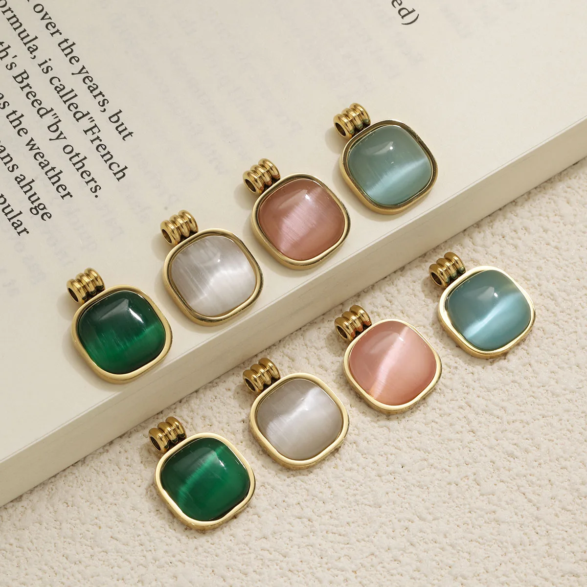 2pcs Cat's Eye Stone Square Rounded Charms Stainless Steel Gold Plated Pendants DIY Necklaces Earrings Women Jewelry Wholesale view 5