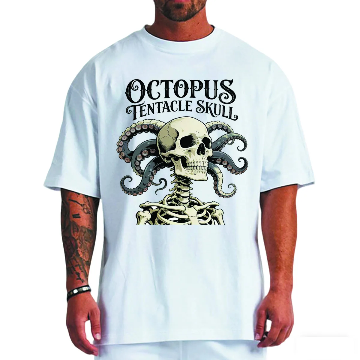 1PC tij merk schedelpatroon schouder katoenen T-shirt met korte mouwen losse grote maat heren T-shirt met ronde hals