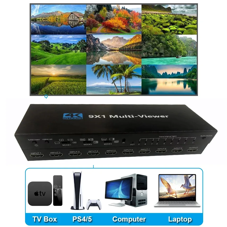 4K 4x1 9x1  HDMI Quad Multiviewer 4 9 Screen  9x1 Seamless Switch 9 In 1 out with remoter for Camera Monitor Switch Adapter