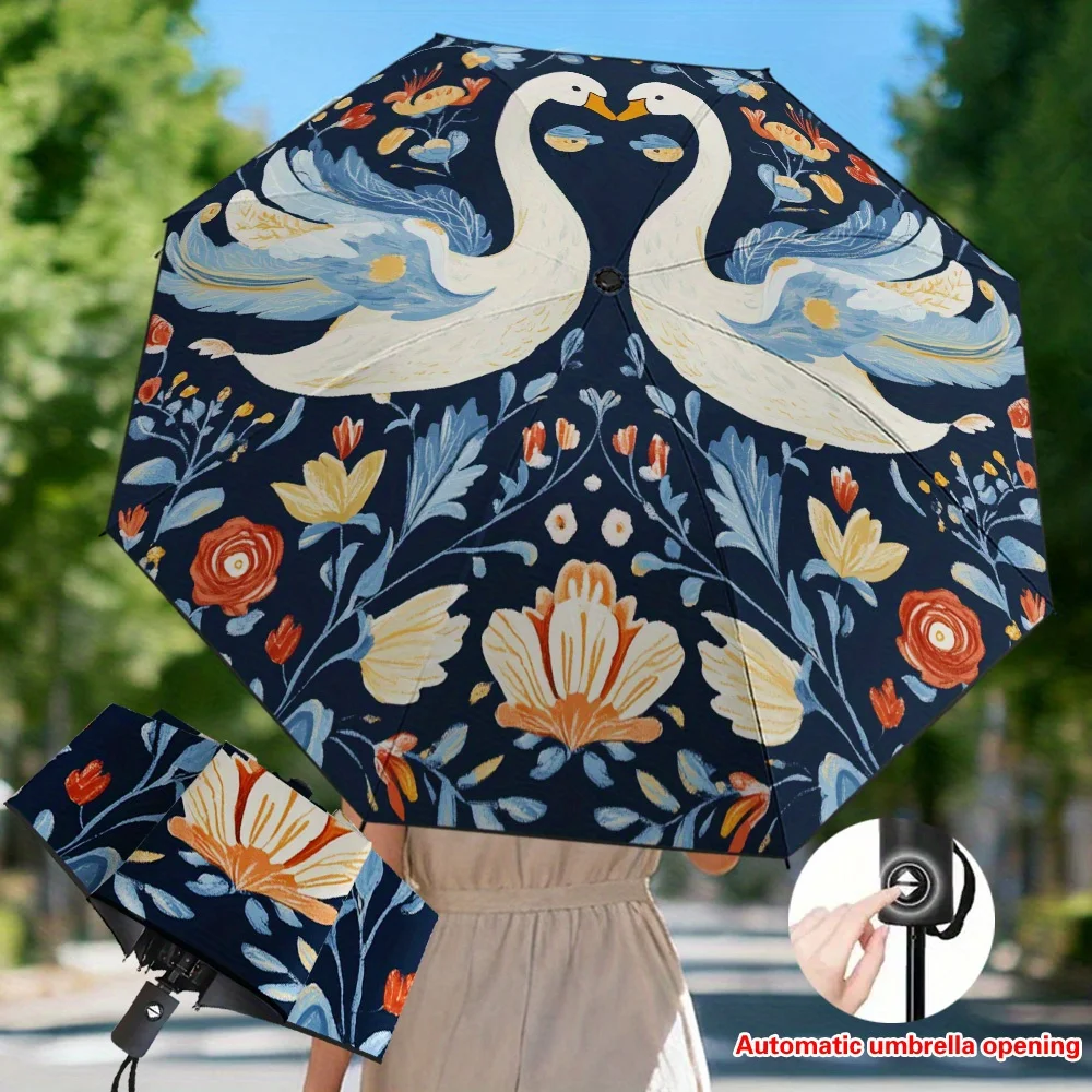 

Элегантный автоматический зонт с цветочным узором и изображением лебедя, 1 шт. - автоматическое открытие/закрытие, прочная 8-спицевая конструкция, компактный складной зонт с изображением лебедя.