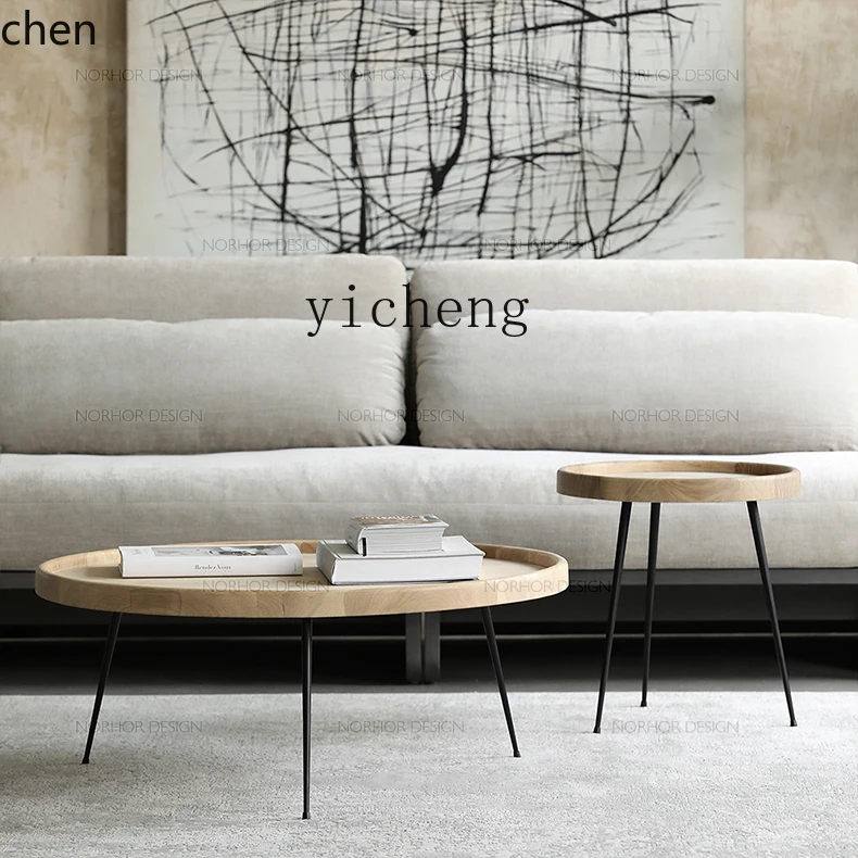 YFY  Round Oak Combined Tea Table Side Table Modern Minimalist Black Silent Style Natural Color Tea Table