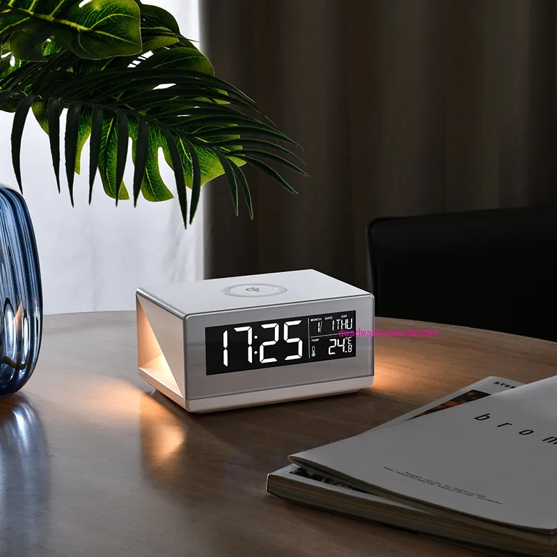 Cross-border simple mobile phone wireless charging alarm clock bedside creative night light multi-function home display clock