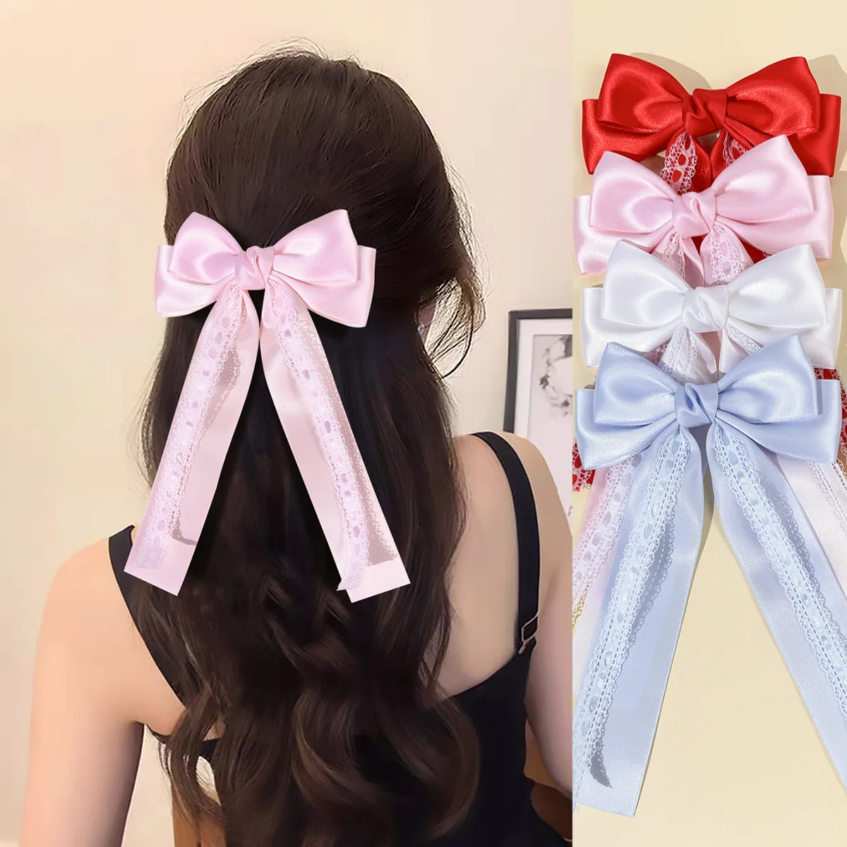 

30pc Long Tassel Hair Clips for Women And Girls Lace Ribbon Bow Side Hairgrips Bulk Pack Long Tail Headwear Hair Accessories